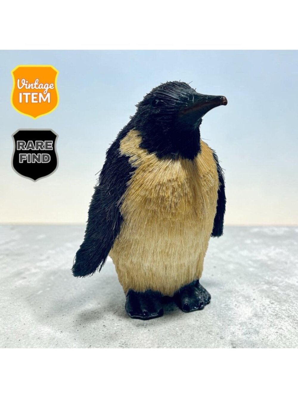 VTG Black Ivory Sisal Penguin Winter Decor 11” RARE Rustic Textured Art Piece.